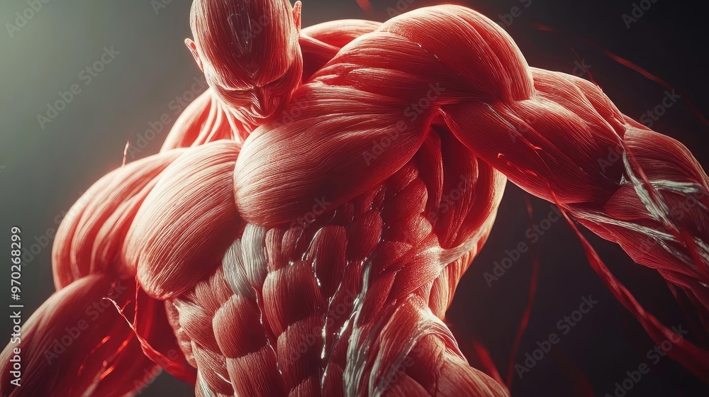 Poster a detailed anatomical representation showcasing muscular structure and realistic texture in dramatic