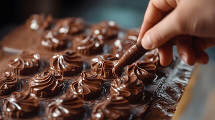 A hand piping melted chocolate into a decorative mold, creating a unique chocolate creation