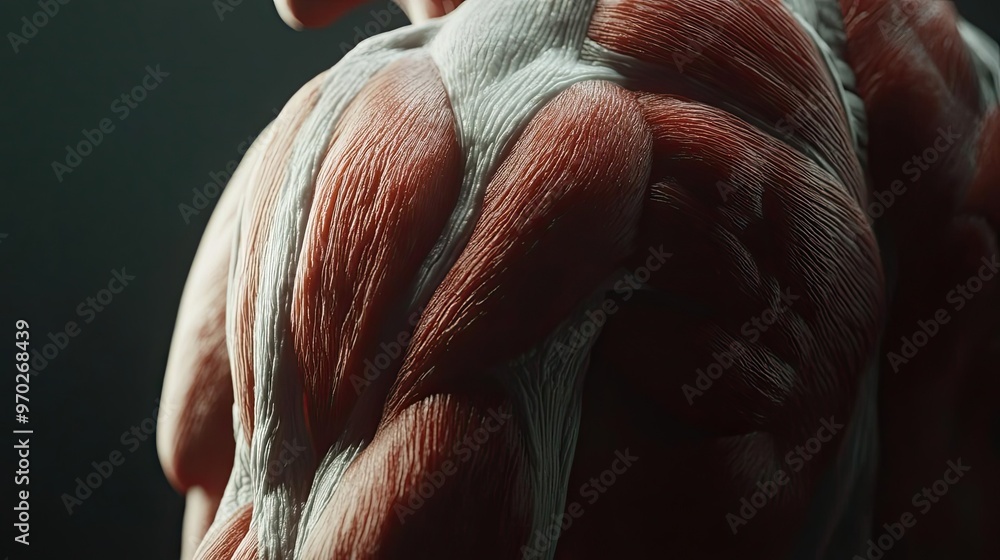 Poster detailed view of human muscle structure, showcasing anatomy with realistic textures and colors for e