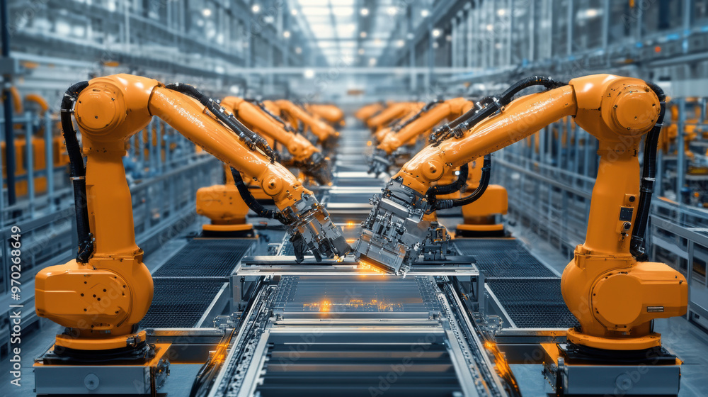 Poster automated robotic arms in modern factory setting, showcasing advanced technology and precision in ma