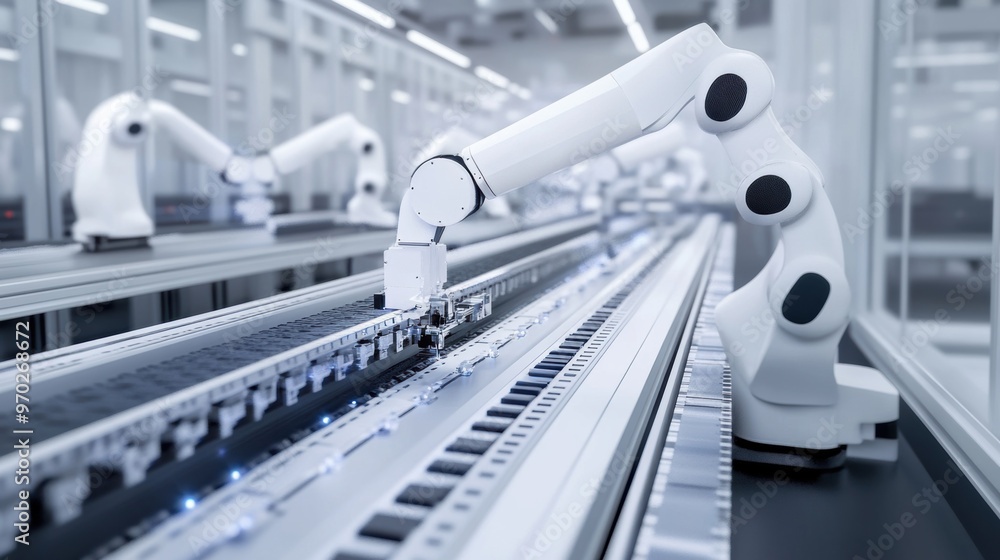 Poster automated robotic arm working on production line in modern factory, showcasing advanced technology a