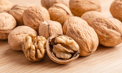 walnuts on a wooden table, generative ai