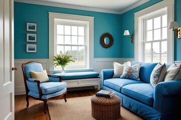 Charming Cottage Decor with Ocean Blue Sofa and Timeless Armchair for a Welcoming Atmosphere