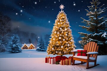 Obraz premium Enchanting Winter Wonderland Christmas Scene with a Cozy Tree and Serene Snowy Night