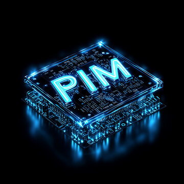 "PIM" letters glowing on dark background. Image of stacked Processing in memory memory chips.