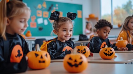Fototapeta premium A cheerful Halloween classroom scene with children in costumes sitting at desks, each with a small pumpkin in front of them, teacher writing Halloween-themed words on the board