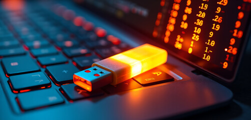 Glowing USB Flash Drive on a Laptop in a Cybersecurity Setting