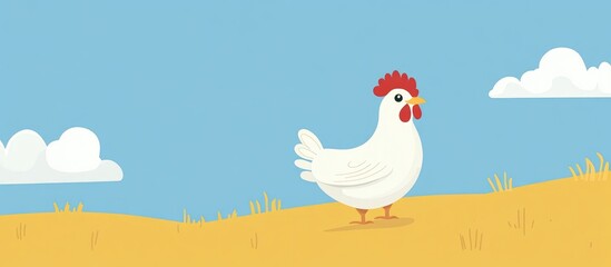 Adorable Chicken On Yellow Background With Cloudy Blue Sky