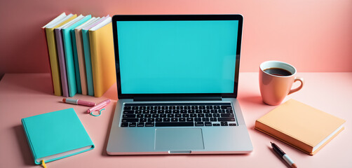 Laptop with Blank Screen and Books on Colorful Desk