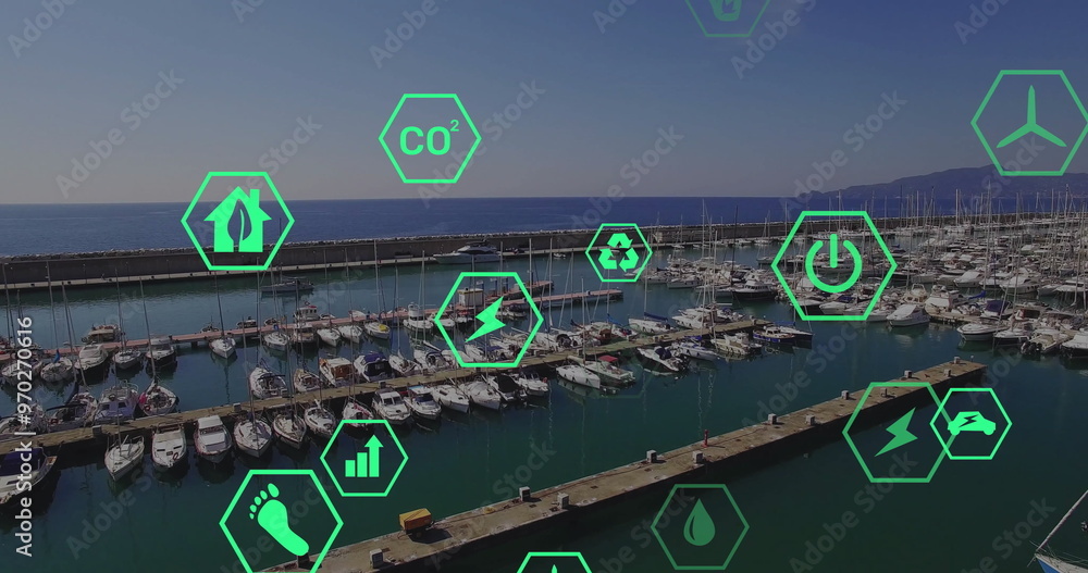 Poster image of eco icons and data processing over sea port