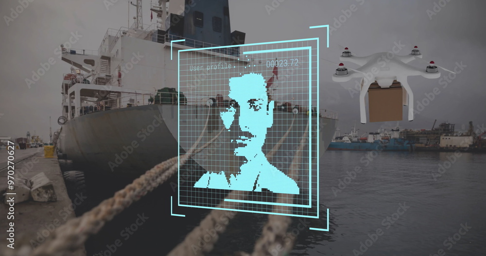 Poster image of eco icons and data processing over drone with box and sea port