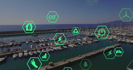 Image of eco icons and data processing over sea port