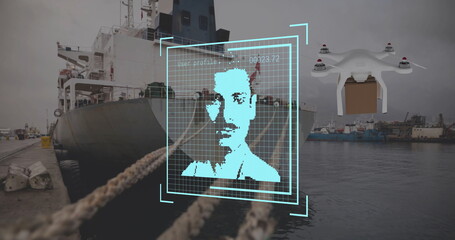 Image of eco icons and data processing over drone with box and sea port