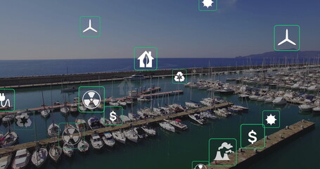 Image of eco icons and data processing over sea port