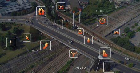 Image of eco icons and data processing over roads