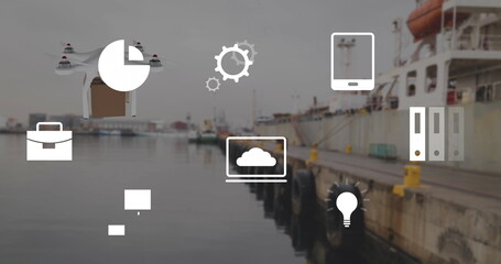 Image of eco icons and data processing over drone with box and sea port