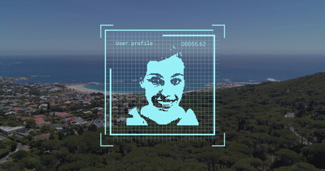 Image of biometric photo and data processing over landscape