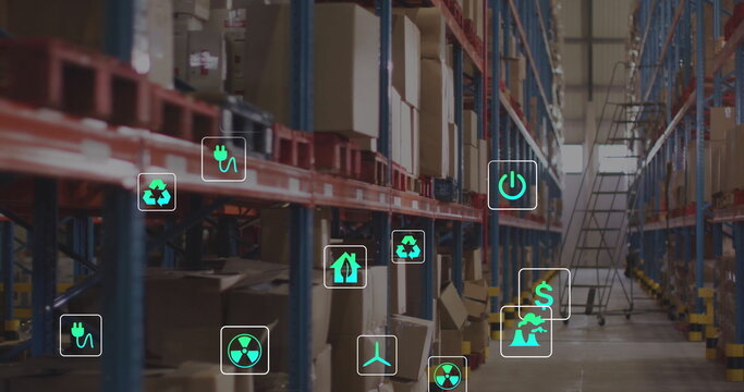 Image of eco icons data processing over warehouse - Powered by Adobe
