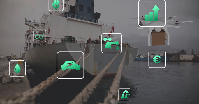 Image of eco icons and data processing over sea port