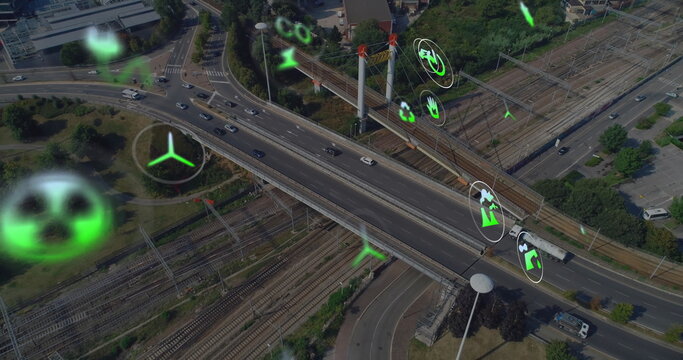 Image of eco icons and data processing over roads