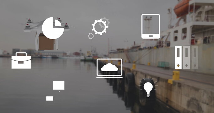 Image of eco icons and data processing over drone with box and sea port