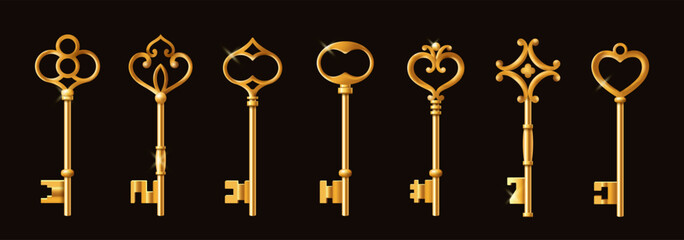 Set of realistic vintage keys. Old antique gold keys for locks of different shapes. Equipment for opening locks. Retro design elements. 3D vector illustration collection