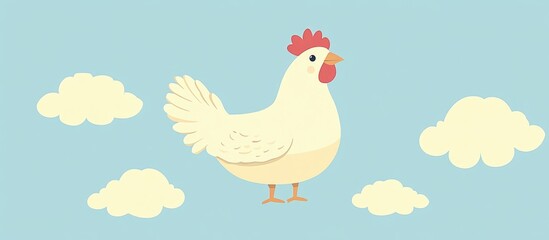 Naklejka premium Adorable Chicken On Yellow Background With Cloudy Blue Sky