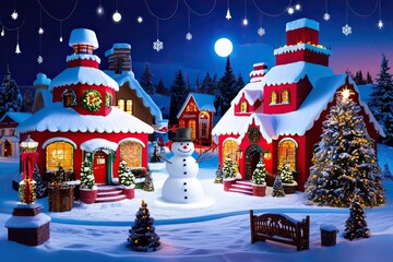 Joyful Christmas Village with Snowman in Enchanting Winter Night Landscape