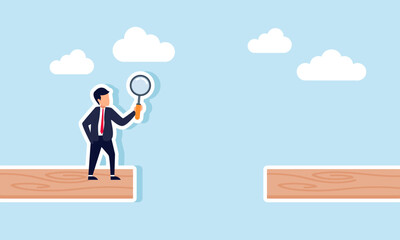 A businessman analyzing an incomplete wooden bridge using a magnifying glass, illustration of Analyzing poor collaboration communication between company partners