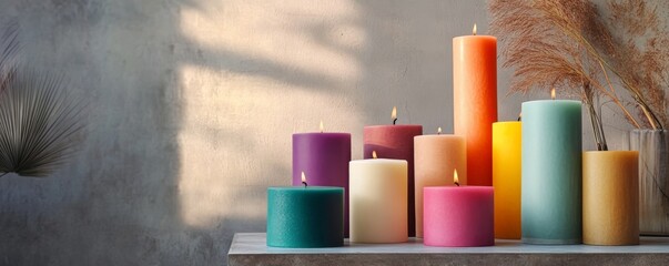 Colorful candles on a shelf in natural