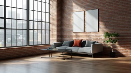 Fototapeta premium Stylish modern living room with large windows, brick walls, minimalist furniture, and vibrant decor.