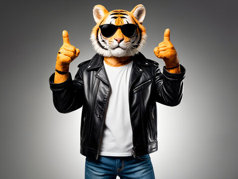 a Siberian tiger styled as a cool cat similar to the iconic Fonzie character from Happy Days, but now wearing stylish black shades. The tiger stands confidently in a relaxed pose- generated by ai