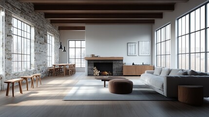 Spacious and modern living room with natural light, wooden beams, and stylish furnishings, perfect for contemporary interior design.