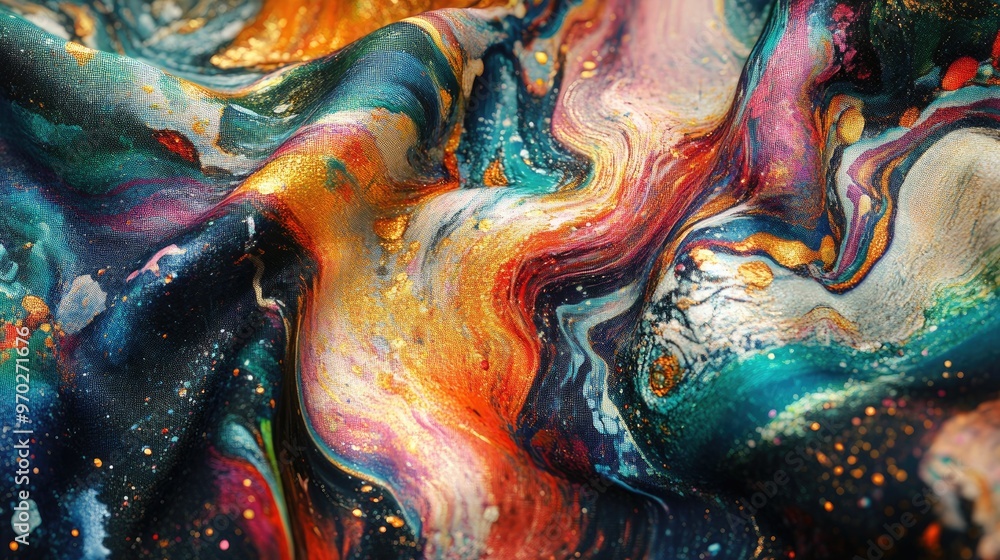Poster a fashion designer using neural style transfer to apply abstract painting styles to fabric patterns,