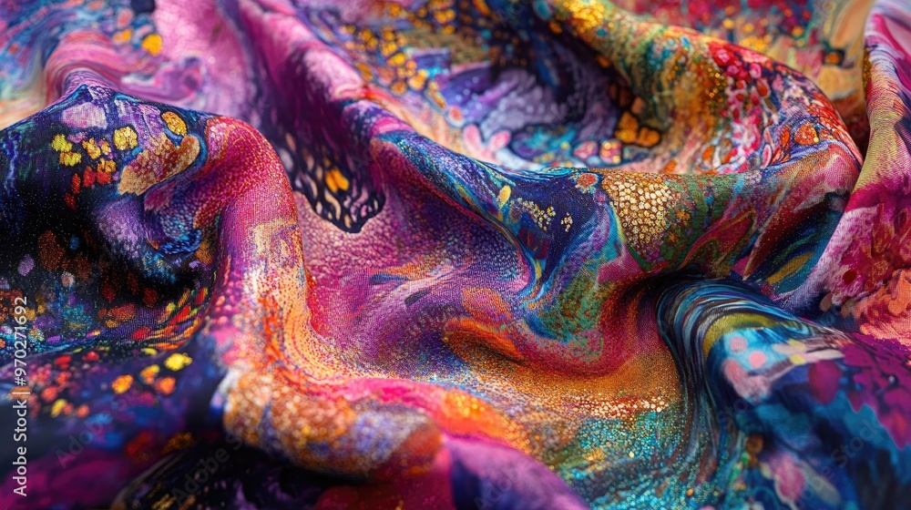 Poster a fashion designer using neural style transfer to apply abstract painting styles to fabric patterns,