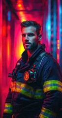 Obraz premium A firefighter in full gear stands in a dimly lit room, illuminated by red and blue lights, with a determined expression on his face.