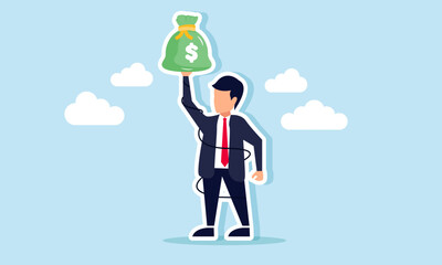 A businessman tied up, lifting a money bag, illustration of A businessman strong resolve to achieve profit despite business challenges
