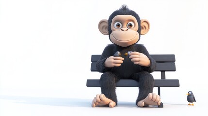 A cartoon monkey sits on a bench, enjoying snacks, with a small bird nearby.