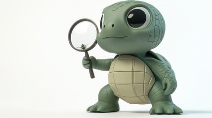 Obraz premium A cartoon turtle character holding a magnifying glass, observing a small insect.