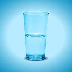 Blue glass of water on blue gradient background. Realistic glass of water