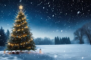 Peaceful Winter Wonderland with Christmas Tree Beneath Starry Sky and Soft Snowfall