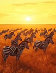 Fototapeta premium A large herd of zebras graze in a golden field at sunset, with the sun setting in the background.