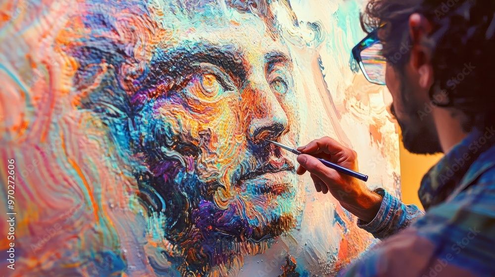 Poster an artist live-streaming the process of using neural style transfer, transforming a digital image in