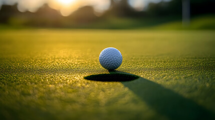 Golf ball near the hole on vibrant green putting green, warm sunlight and soft shadows creating a serene and calm atmosphere