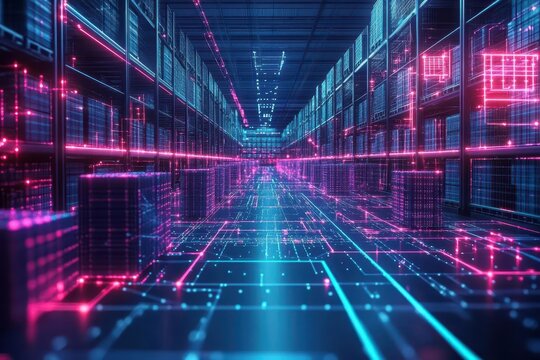 Holographic warehouse mapping, smart logistics network, neon circuits, dark tech-themed