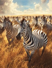 A herd of zebras running through tall grass in the savanna, with a cloudy sky overhead.