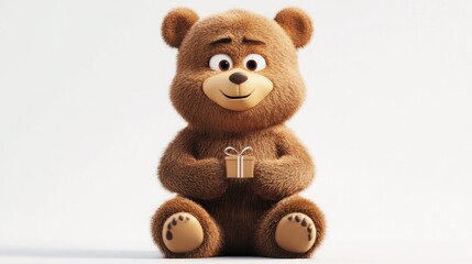 Obraz premium A cheerful cartoon bear holding a small gift, exuding warmth and friendliness.