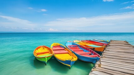 Obraz premium A coastal fishing village in the summer, colorful boats docked by a wooden pier, with the turquoise sea stretching to the horizon