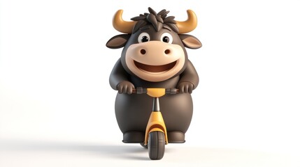 A cheerful cartoon bull rides a scooter, exuding a playful and fun vibe.