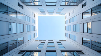 Obraz premium Looking up from square courtyard with clean white walls, symmetrical glass windows, and soft shadows under blue sky, minimalist architecture